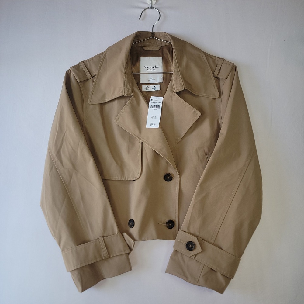 NWT Abercrombie & Fitch Womens Cropped Trench Coat Medium Tan Water/Wind Resist